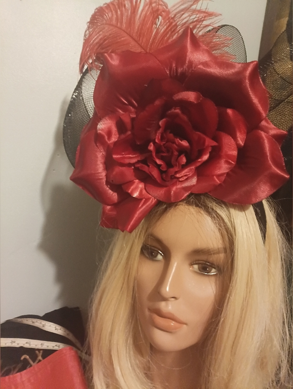 Red Floral Satin Fascinator Headband